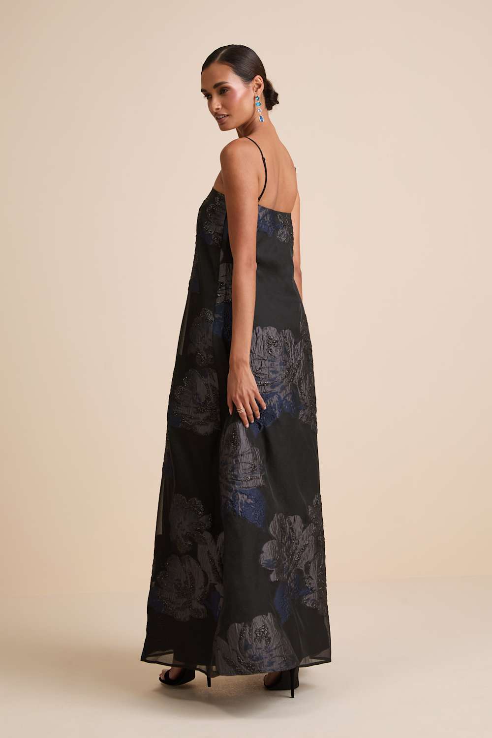 Yavanna Black Floral Jacquard Shift Maxi Dress