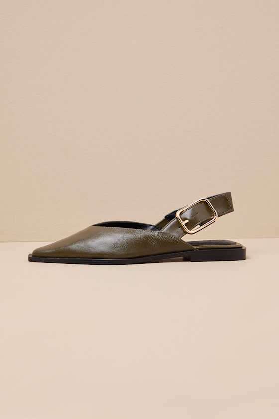 Shay Olive Leather Pointed-Toe Slingback Flats