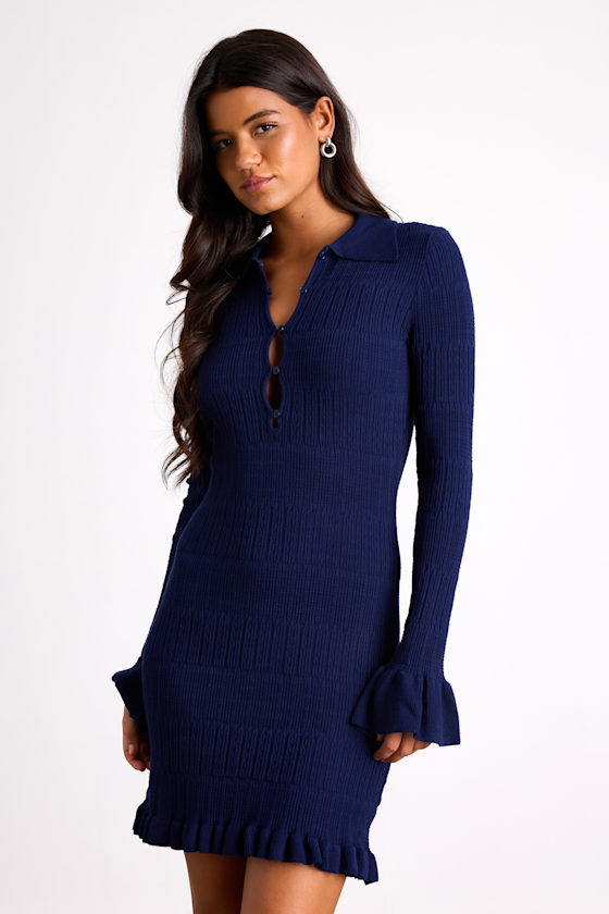 Coralee Navy Textured Collared Ruffled Sweater Mini Dress 1
