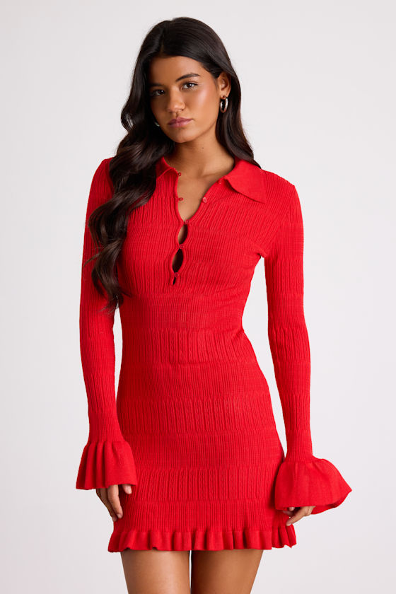 Image of Coralee Red Textured Collared Ruffled Sweater Mini Dress