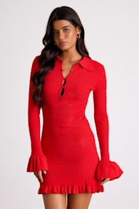 Coralee Red Textured Collared Ruffled Sweater Mini Dress 1