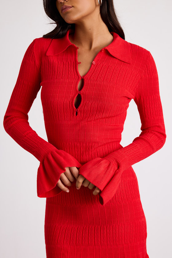 Coralee Red Textured Collared Ruffled Sweater Mini Dress 2