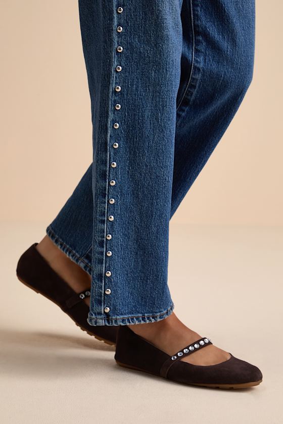 MIA Karolin Chocolate Suede Leather Rhinestone Ballet Flats