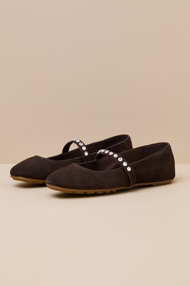 Karolin Chocolate Suede Leather Rhinestone Ballet Flats
