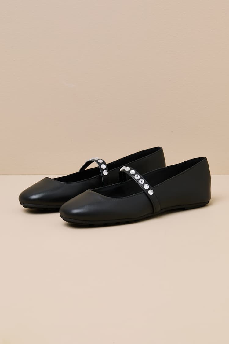 Karolin Black Leather Rhinestone Ballet Flats