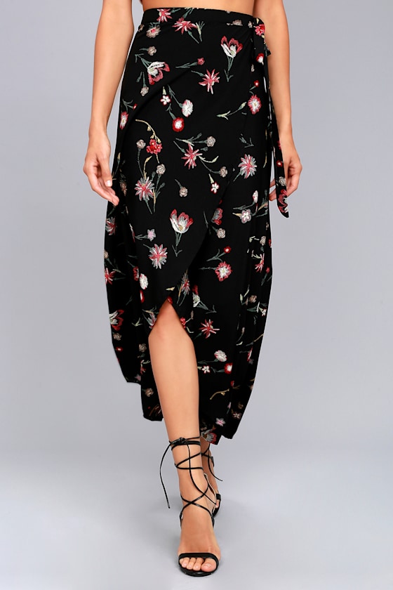 Marvelously Magical Black Floral Print Wrap Maxi Skirt 3