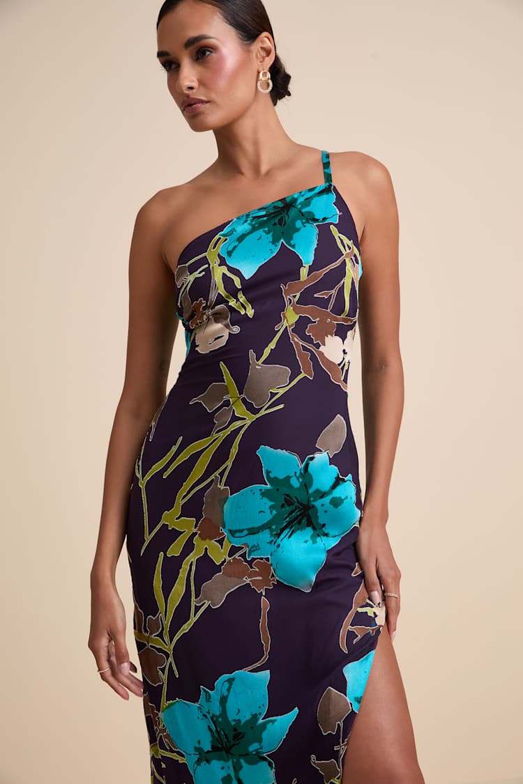 asymmetrical floral dress Poetic Charm Violet Floral Asymmetric One Shoulder Maxi Dress