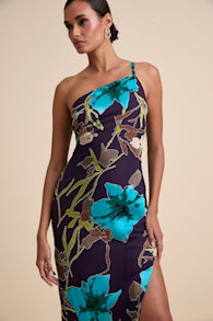 Elzina Plum Floral Satin Asymmetrical Midi Dress 1