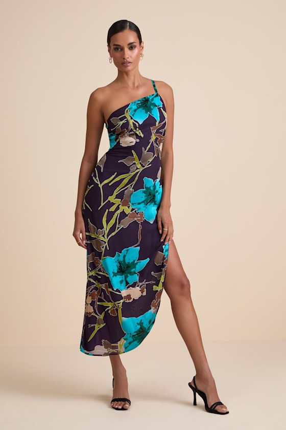 Elzina Plum Floral Satin Asymmetrical Midi Dress 2