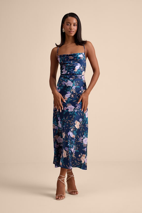 Fantasia Navy Floral Lace-Up Midi Slip Dress 2
