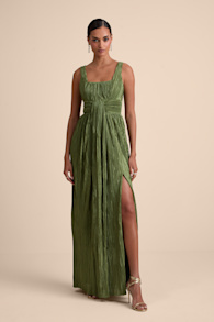 Ameena Olive Green Plisse Square Neck Sash Maxi Dress 1