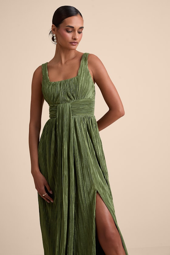 Ameena Olive Green Plisse Square Neck Sash Maxi Dress 2