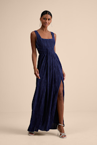 Ameena Navy Blue Plisse Square Neck Sash Maxi Dress 1