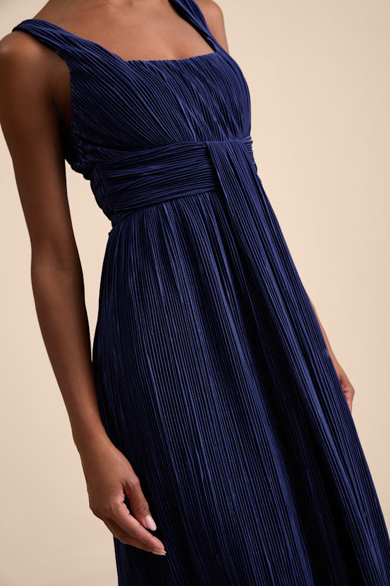 Ameena Navy Blue Plisse Square Neck Sash Maxi Dress 2