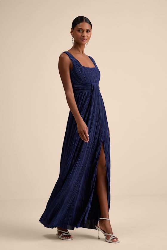 Navy Blue Plisse Dress - Pleated Maxi Dress - Sash Maxi Dress - Image 4