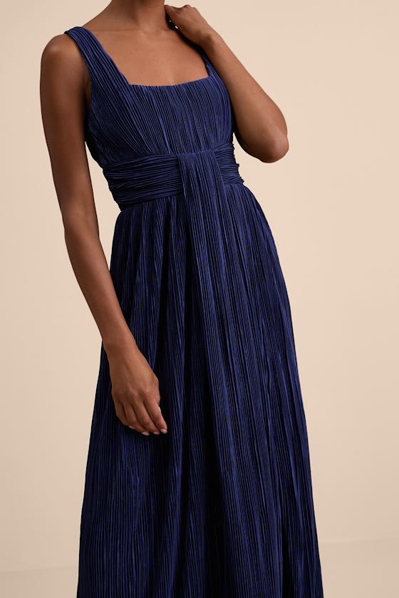 Navy Blue Plisse Dress - Pleated Maxi Dress - Sash Maxi Dress - Image 5