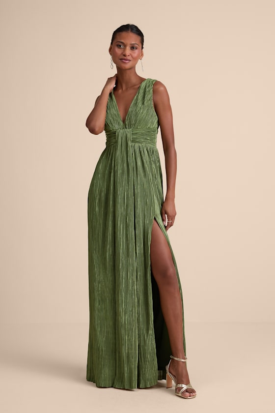 Lulus | Olive Green Plisse Sash Maxi Dress | Womens | XX-Small (Available in XS, S) | 100% Polyester