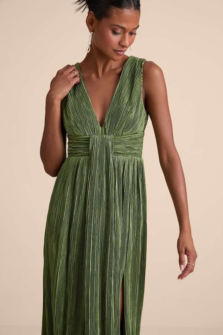 Melitta Olive Green Plisse Sash Maxi Dress