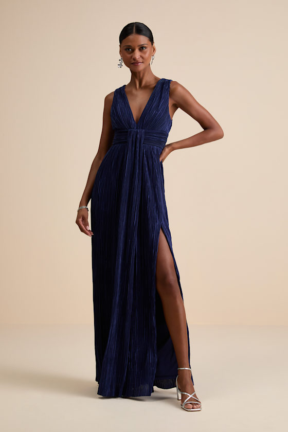 極美品✨ フォクシー ELEGANT PLEATS DRESS ネイビー 近年 Navy Blue Plisse Dress - Pleated Maxi Dress - Sleeveless Dress - Lulus