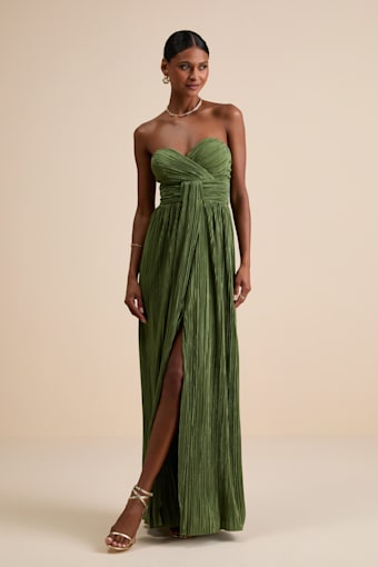 Oswin Olive Green Satin Plisse Strapless Maxi Dress 1