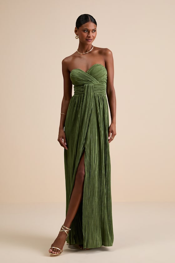 Oswin Olive Green Satin Plisse Strapless Maxi Dress 1