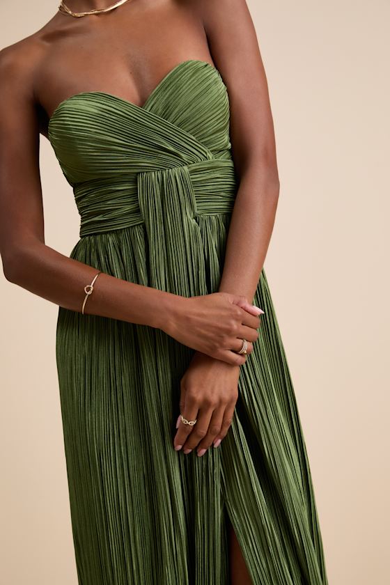 Oswin Olive Green Satin Plisse Strapless Maxi Dress 2