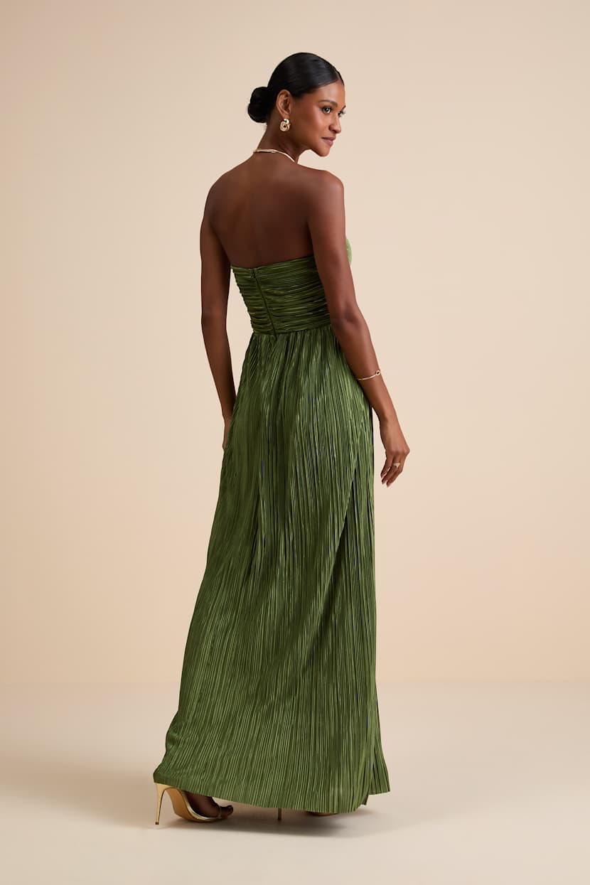 green emerald velvet dress SATIN TIE BACK STRAPLESS MAXI | OLIVE — THIRD FORM main image 1