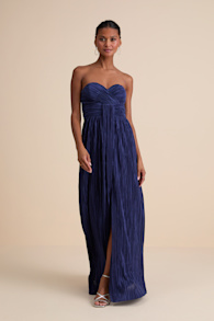 Oswin Navy Satin Plisse Strapless Maxi Dress 1