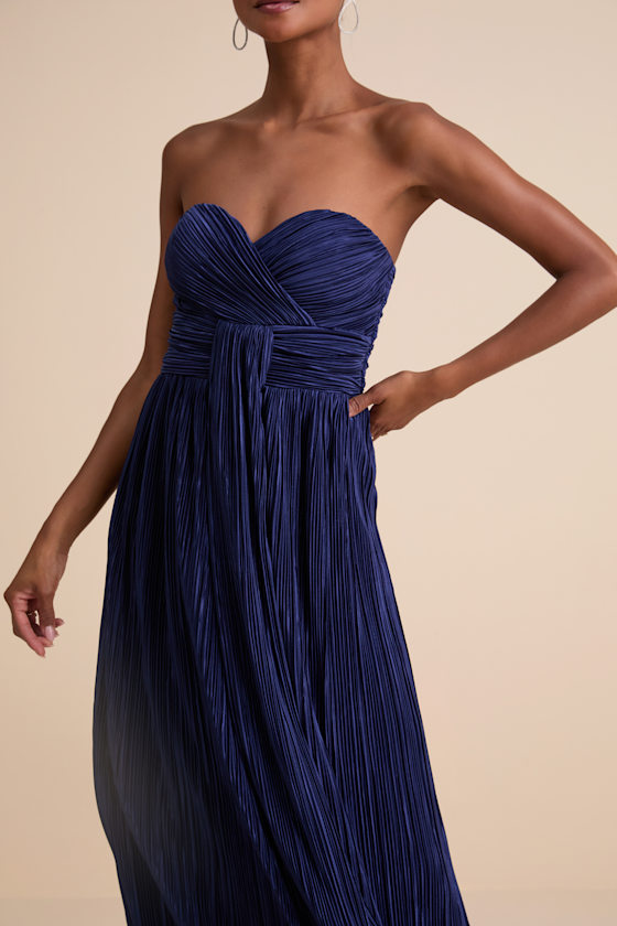 Oswin Navy Satin Plisse Strapless Maxi Dress 2