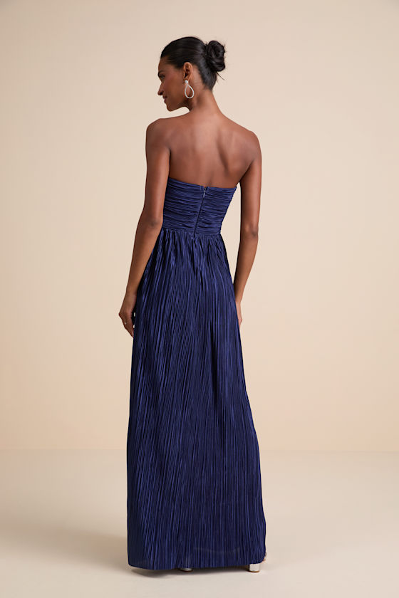 Oswin Navy Satin Plisse Strapless Maxi Dress - thumbnail 3