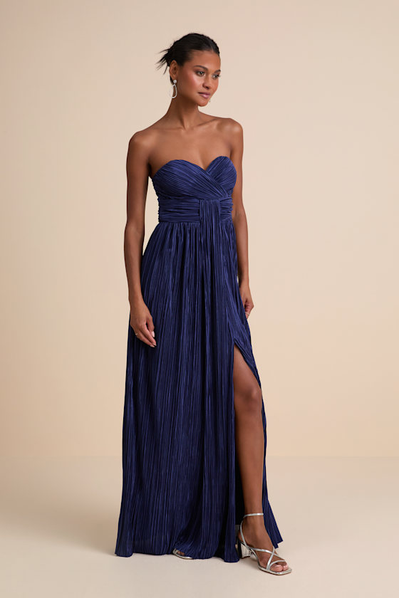 Oswin Navy Satin Plisse Strapless Maxi Dress - thumbnail 4