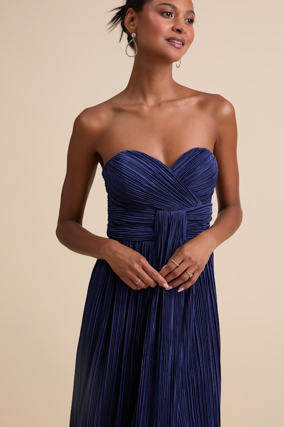 Oswin Navy Satin Plisse Strapless Maxi Dress - thumbnail 5