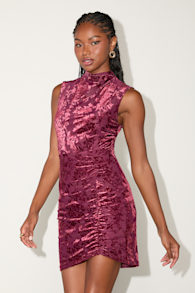 Shonna Dark Mauve Velvet Burnout Mock Neck Mini Dress 1