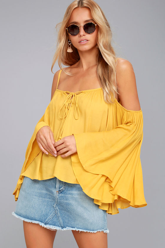 Yellow Tied Cold Shoulder Top - L main image 0