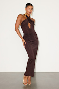 Tailynn Dark Brown Slinky Knit Cross-Front Maxi Dress 1