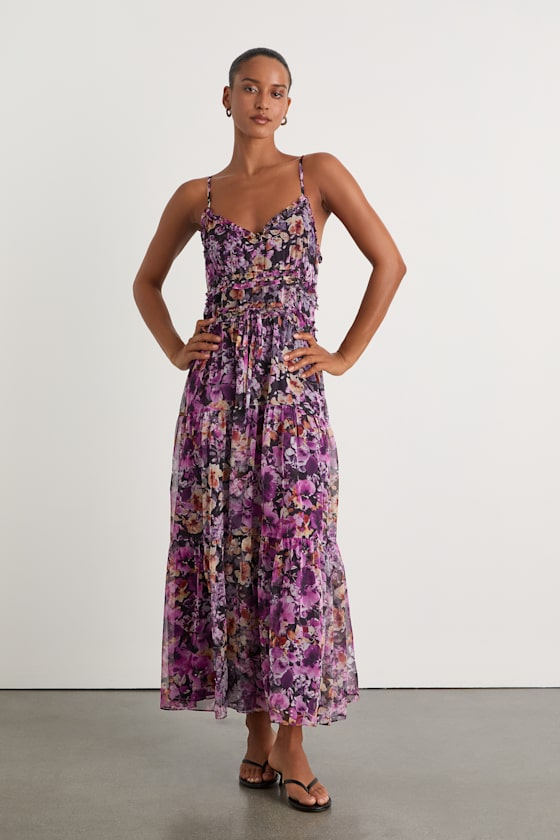 Dayah Purple Floral Ruffled Tiered Midi Dress 1