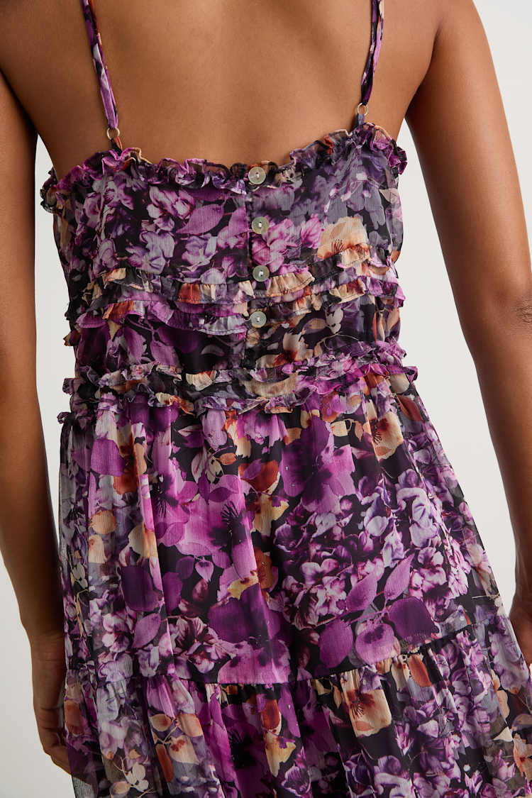 Lulus | Purple Floral Ruffled Tiered Midi Dress | Womens | Large (Available in Xs)