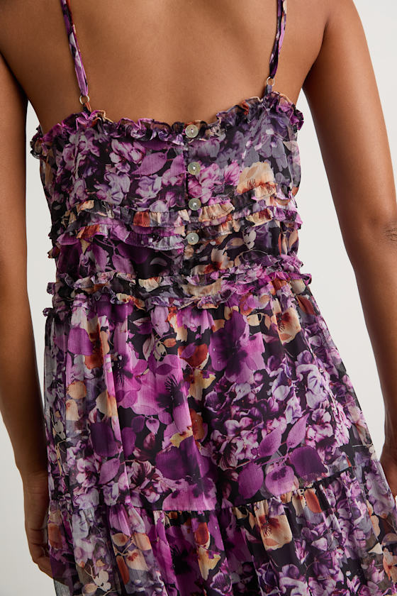 Dayah Purple Floral Ruffled Tiered Midi Dress 2