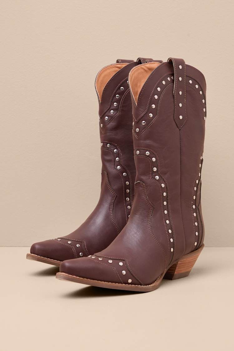 Sweet Treat Brown Leather Studded Mid-Calf Western Boots