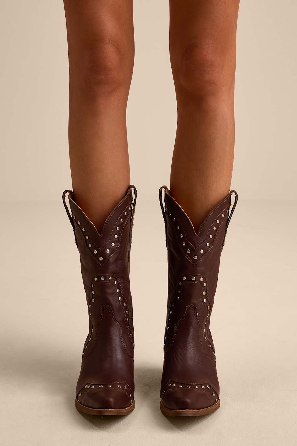 Sweet Treat Brown Leather Studded Mid-Calf Western Boots