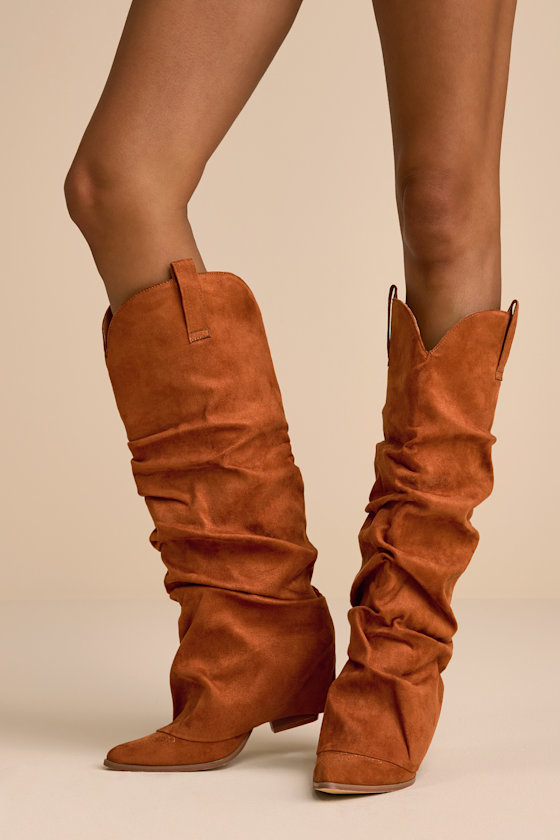 Lonzah Tan Suede Slouchy Knee-High Western Boots 1