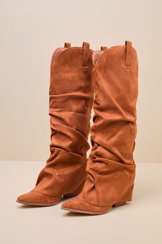 Lonzah Tan Suede Slouchy Knee-High Western Boots 1