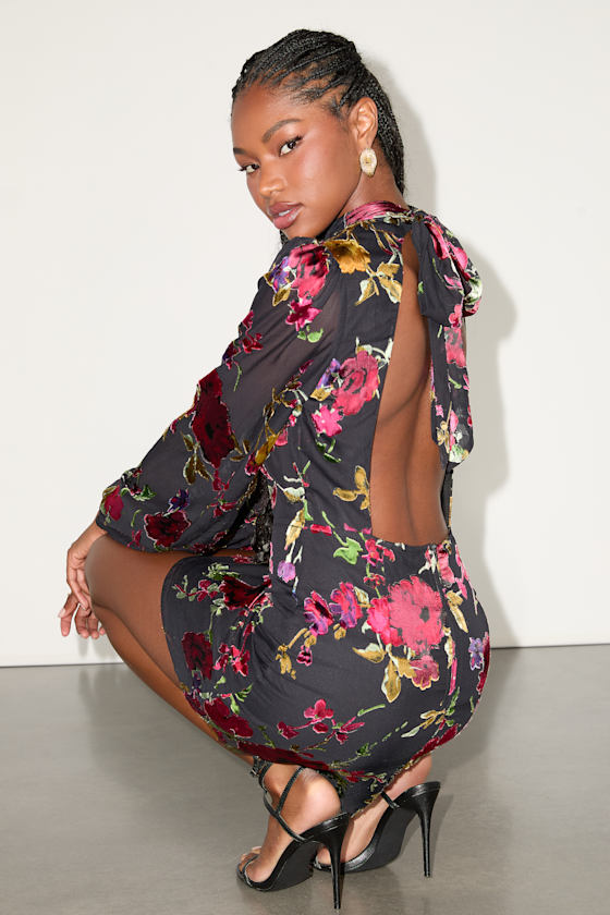 Image of Retina Black Floral Burnout Velvet Backless Mini Dress