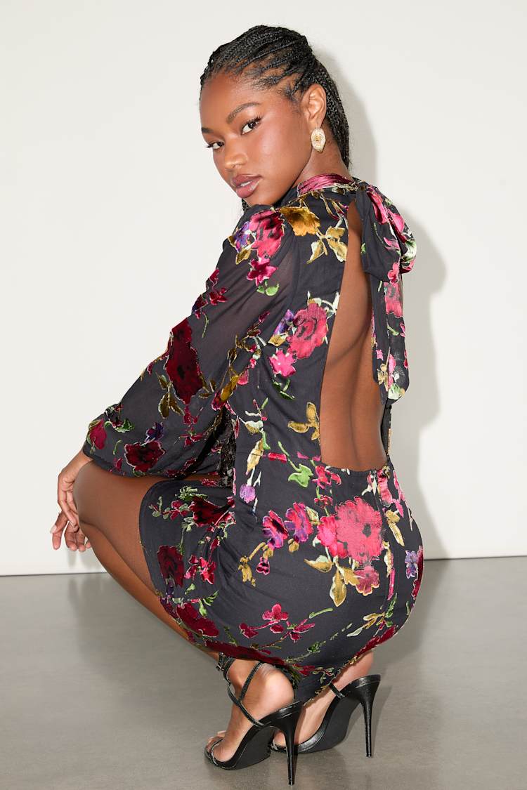 Lulus | Black Floral Burnout Velvet Backless Mini Dress | Womens | Medium (Available in XS, S) | 100% Polyester