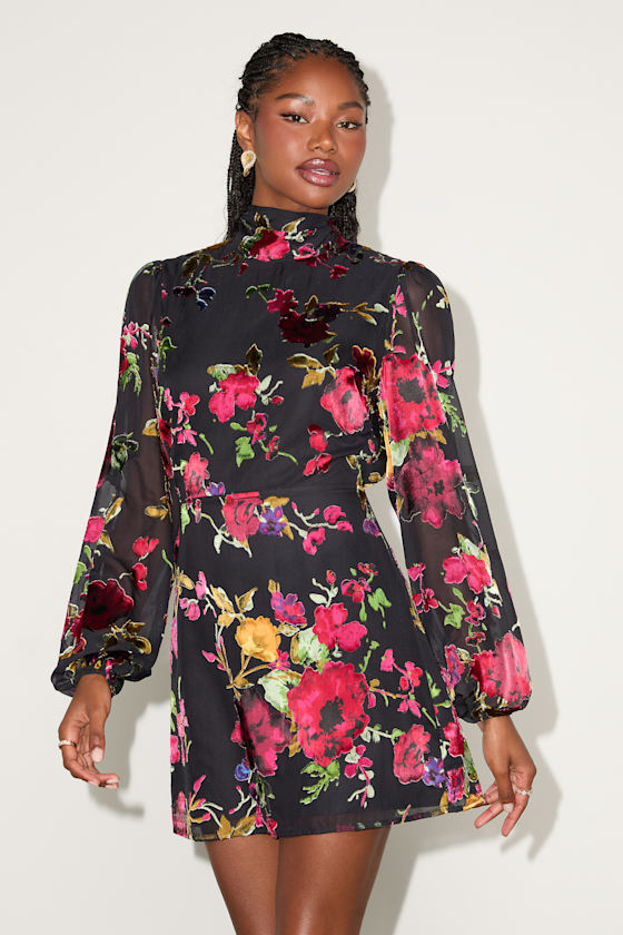 Retina Black Floral Burnout Velvet Backless Mini Dress 2