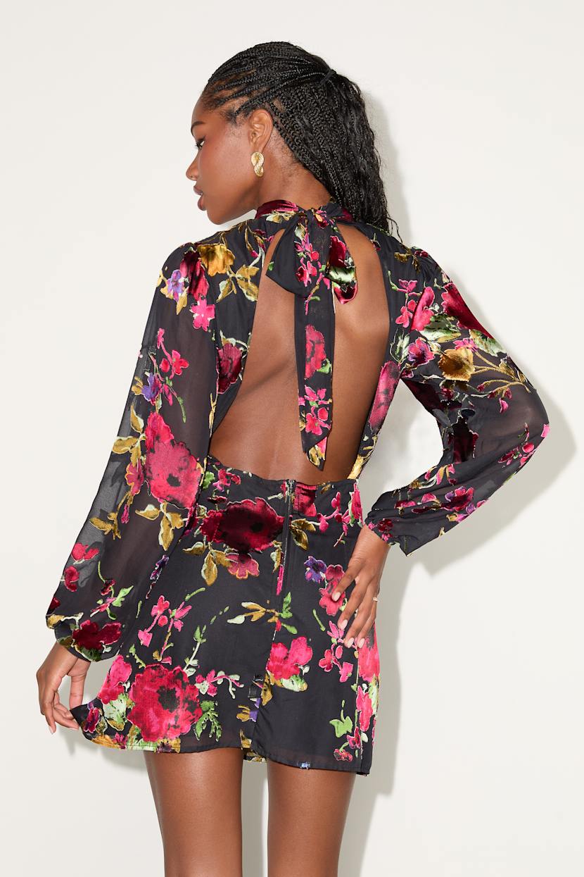 Retina Black Floral Burnout Velvet Backless Mini Dress