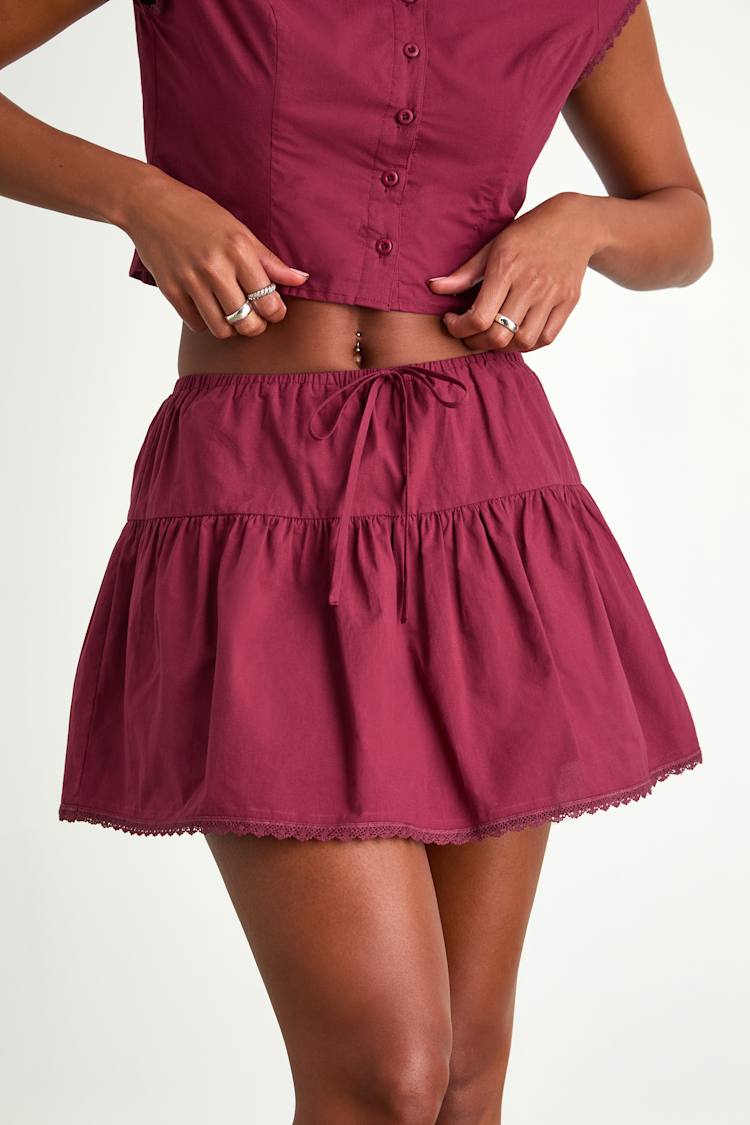 Melicia Burgundy Drawstring Tiered Mini Skirt