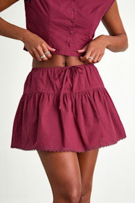 Melicia Burgundy Drawstring Tiered Mini Skirt 1
