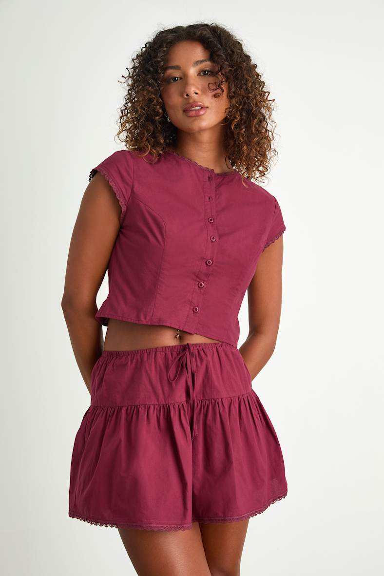 Melicia Burgundy Drawstring Tiered Mini Skirt