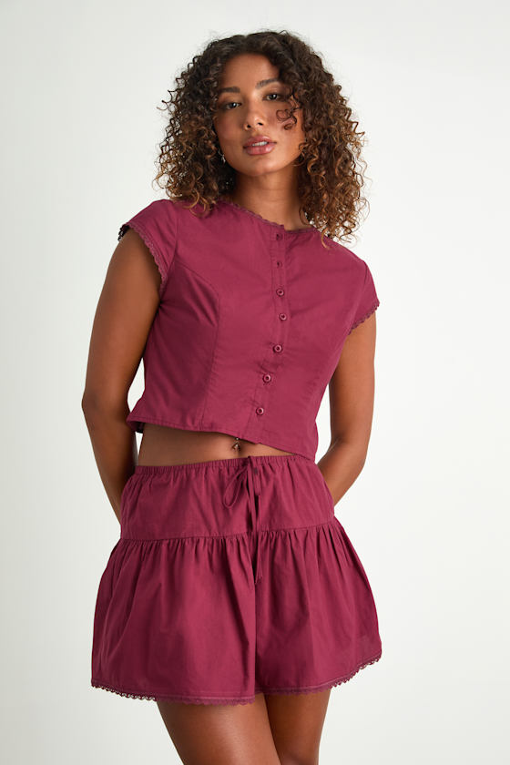 Melicia Burgundy Drawstring Tiered Mini Skirt 2